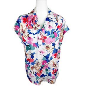 Old Pueblo Traders Blouse Women Large Pink Blue Floral Short Sleeve Top Vintage